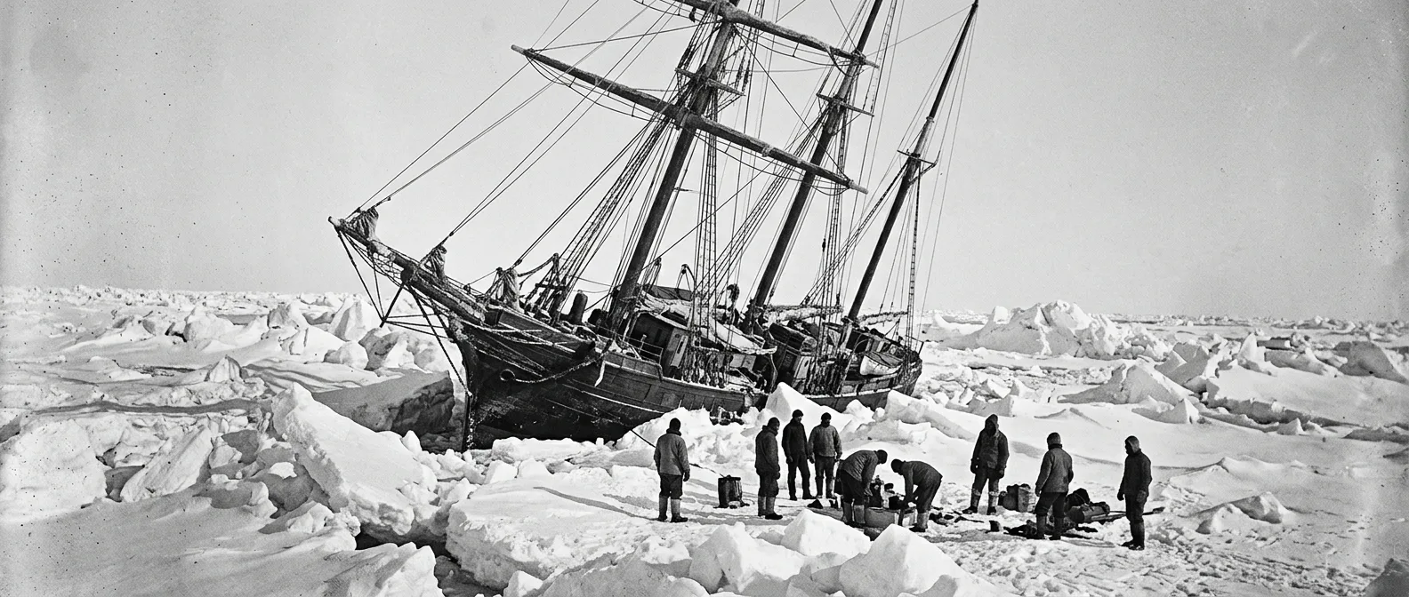 Ernest Shackleton and crew members standing beside their ship Endurance trapped in Antarctic ice during the legendary survival expedition