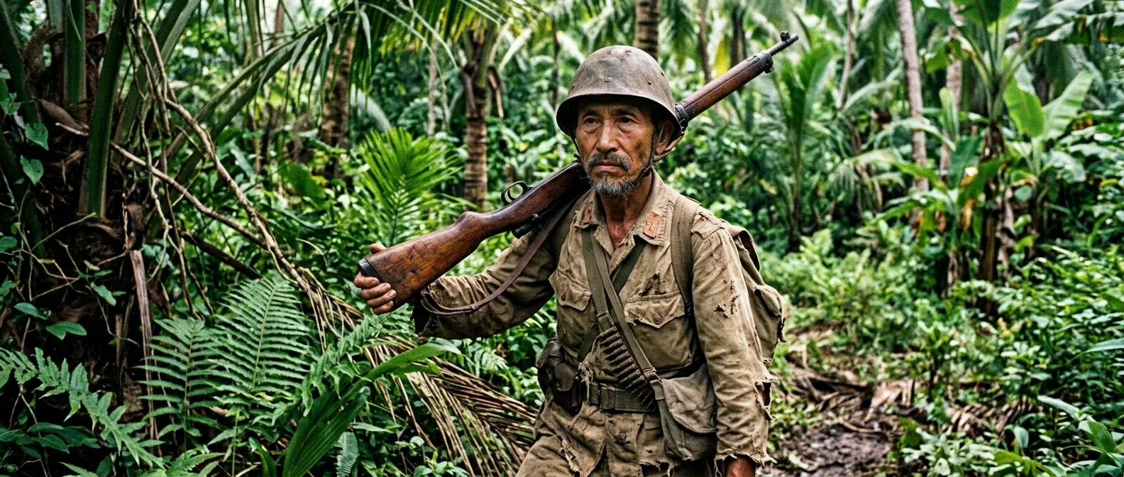 Hiroo Onoda emerging from the Philippine jungle after 30 years of hiding, wearing his worn military uniform