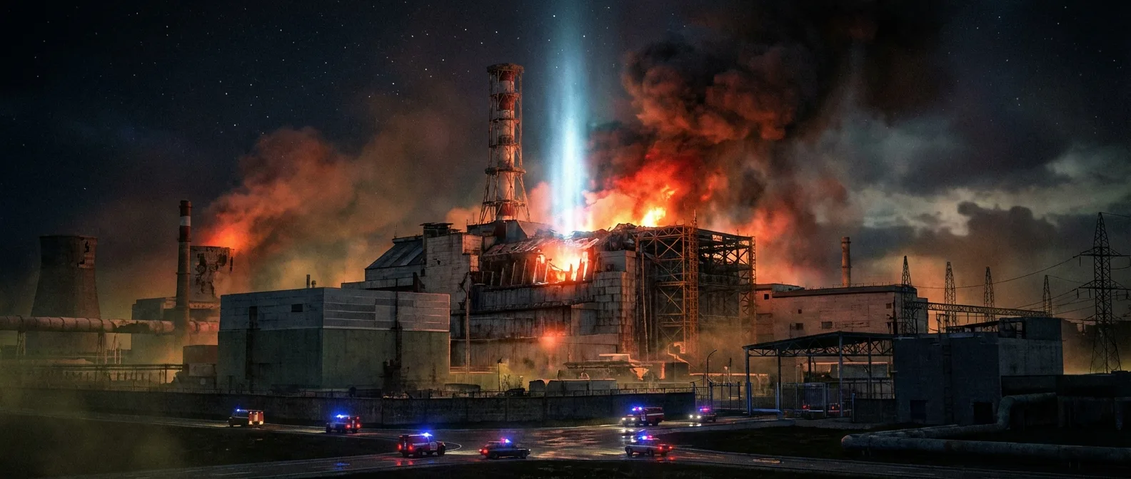 Chernobyl reactor 4 explosion aftermath showing destroyed building and radioactive debris scattered across the site