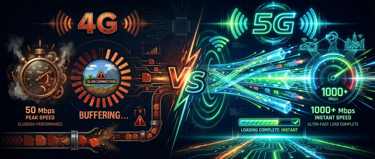 Side-by-side 5G vs 4G speed test results showing download speeds and latency comparison on mobile devices