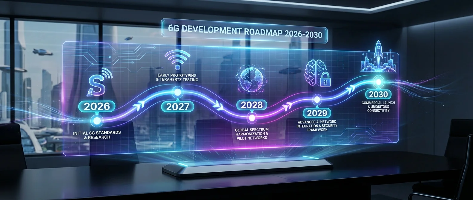 6G network roadmap timeline showing key milestones from 2024 to 2032 including standards, trials, and commercial deployment phases