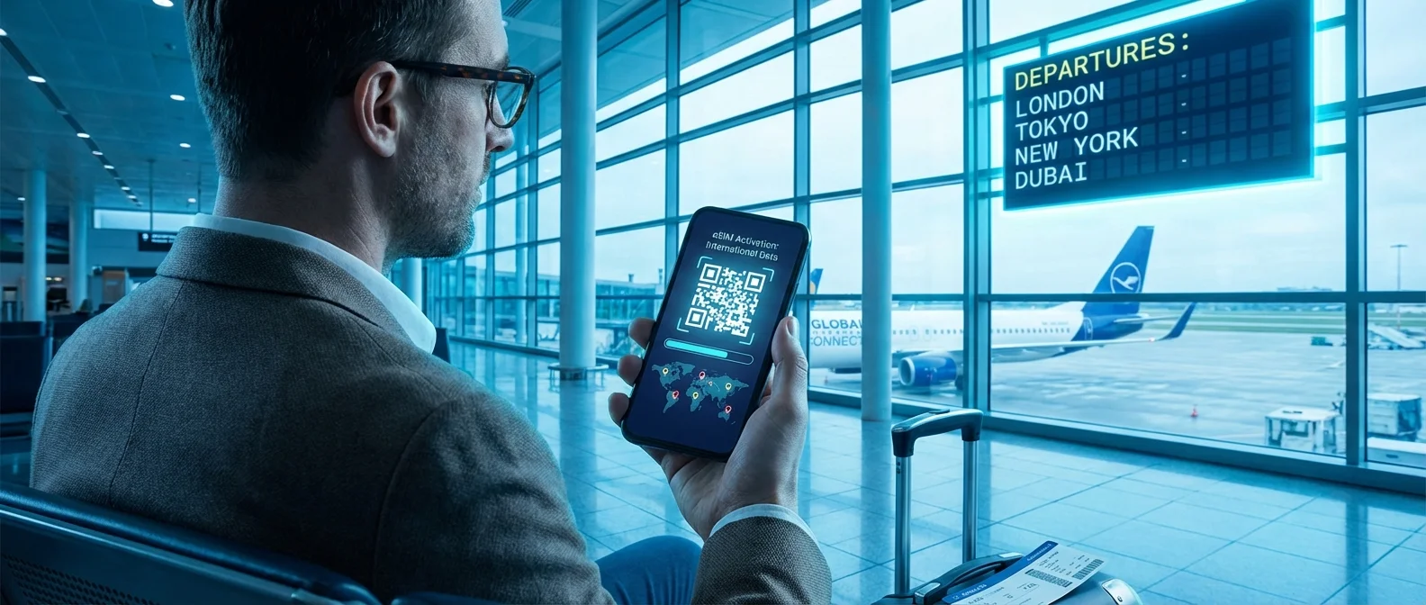 Travel eSIM setup on smartphone showing instant international data connection without roaming fees