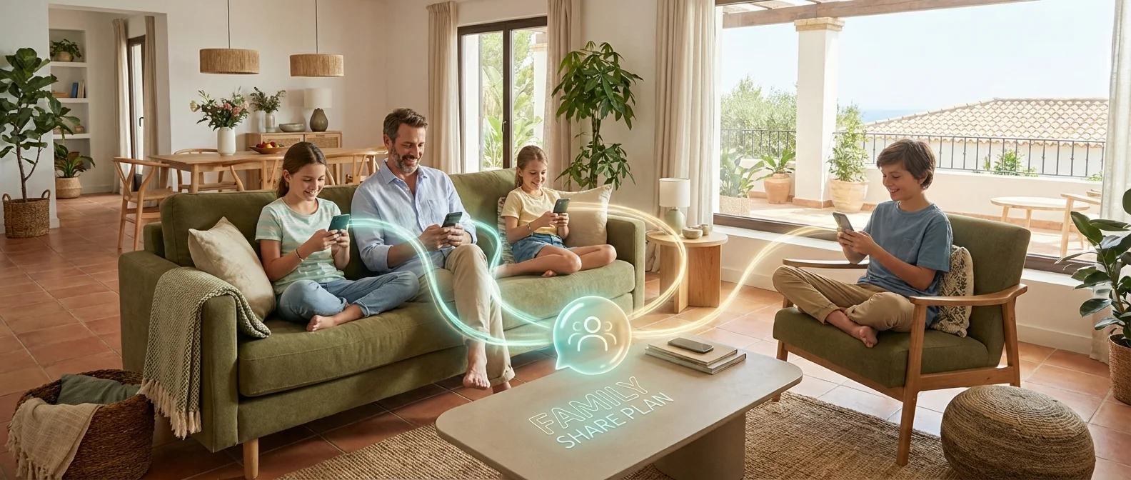 Greek family using smartphones with telecom provider logos Cosmote, Vodafone and Nova in background