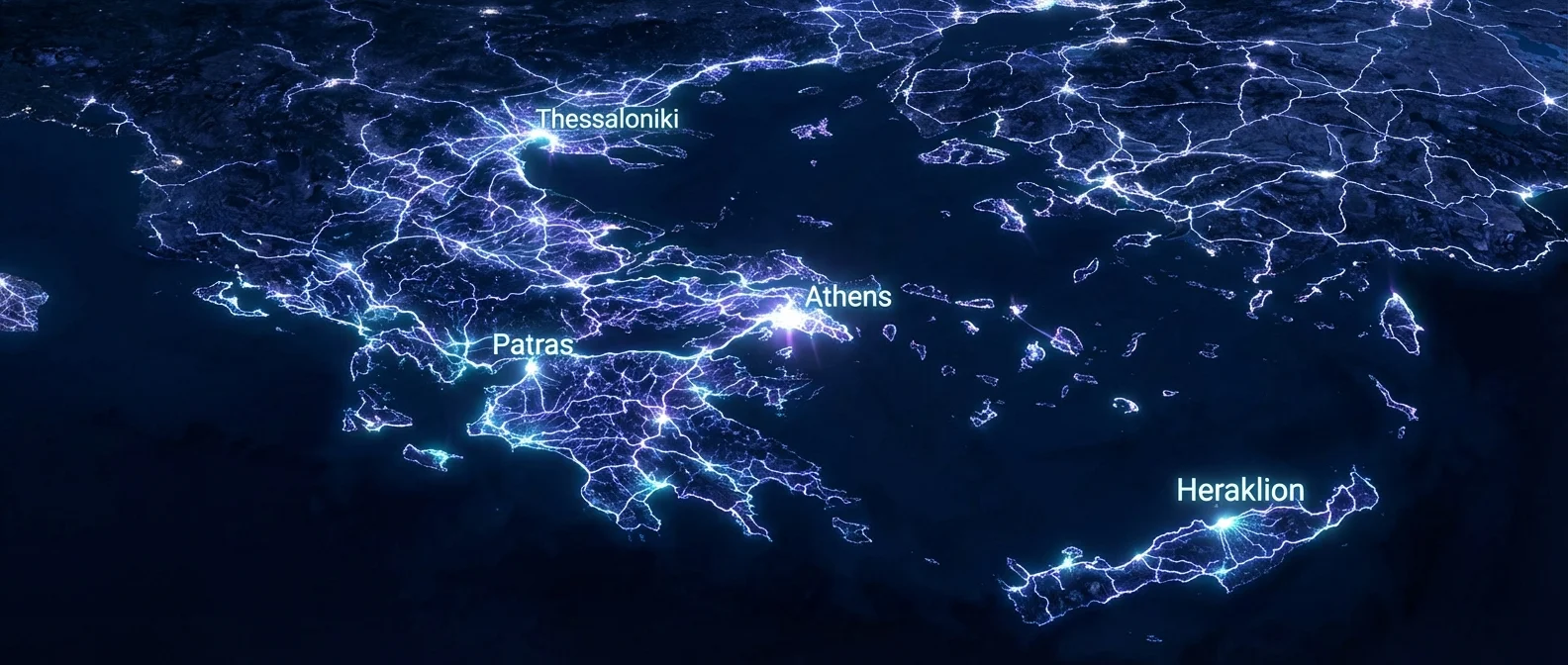 FTTH fiber optic coverage map showing Greek cities and regions with current and planned fiber internet deployment by 2026
