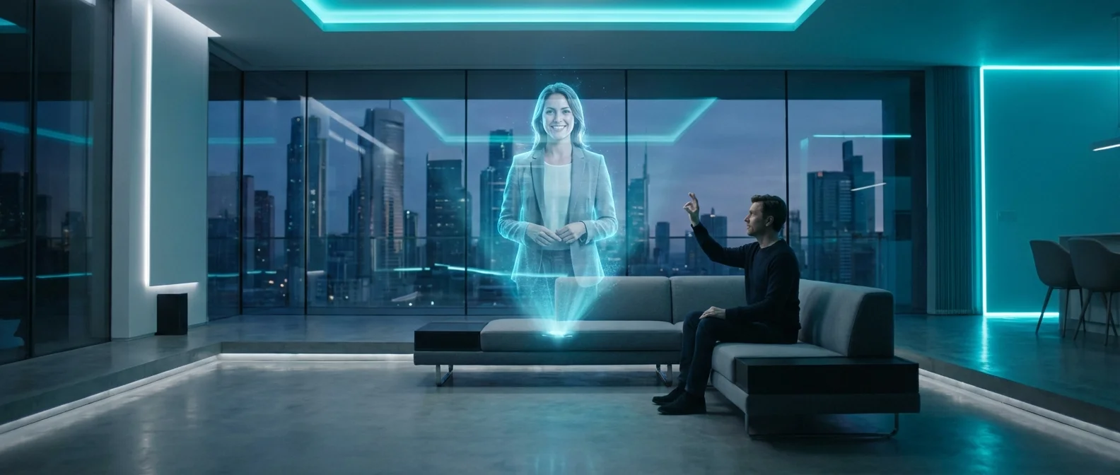 Person making a holographic video call with 3D projection technology