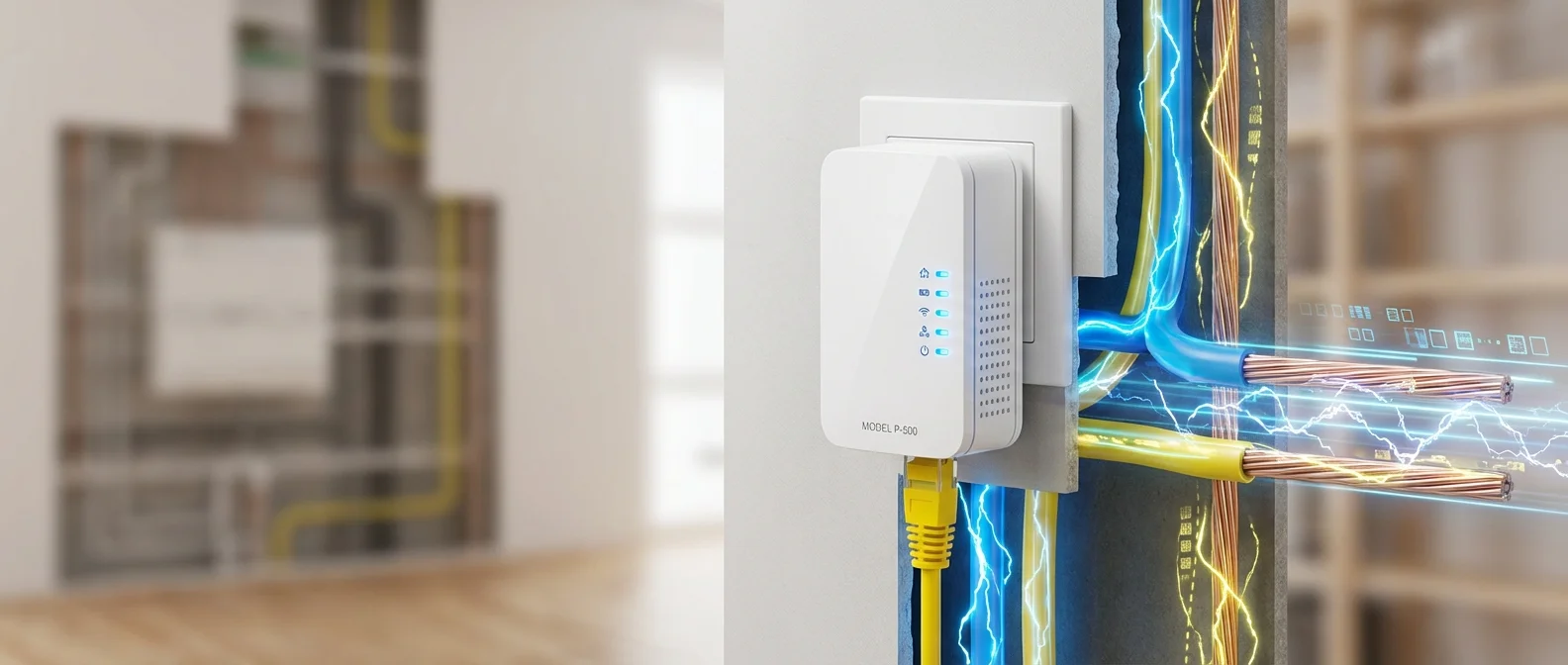 Modern powerline adapter plugged into wall outlet with ethernet cables connected, showing LED status indicators