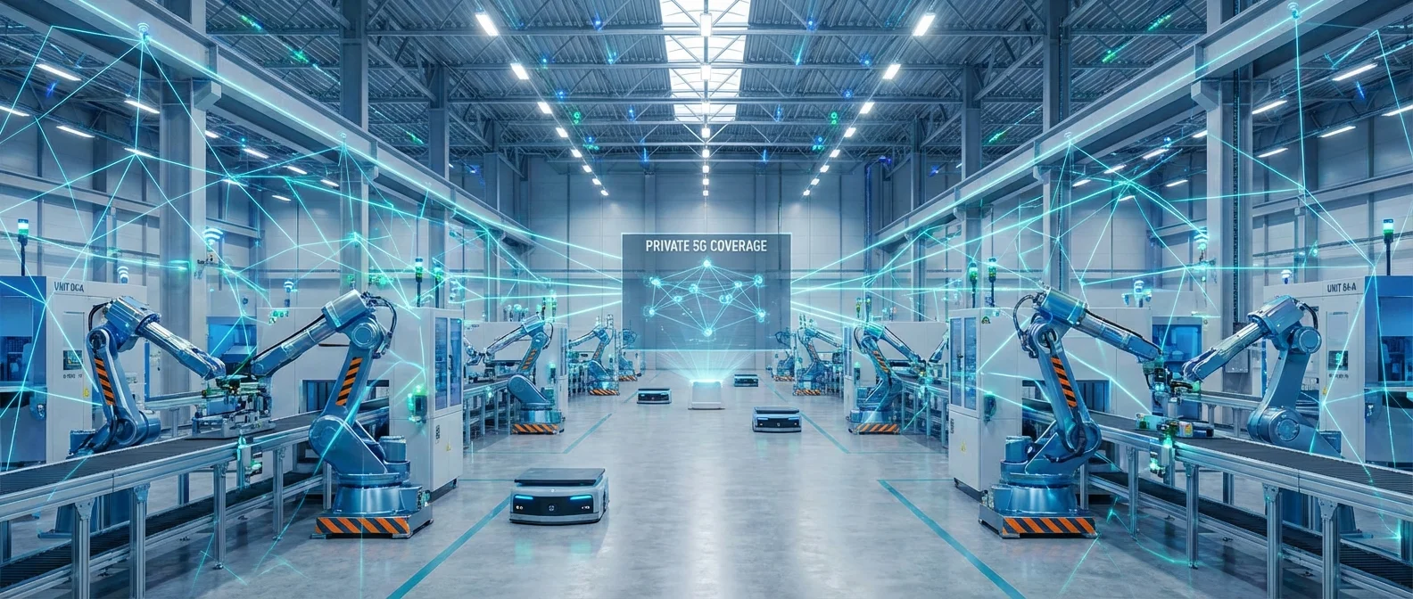 Private 5G network deployment in modern industrial facility with connected IoT devices and machinery
