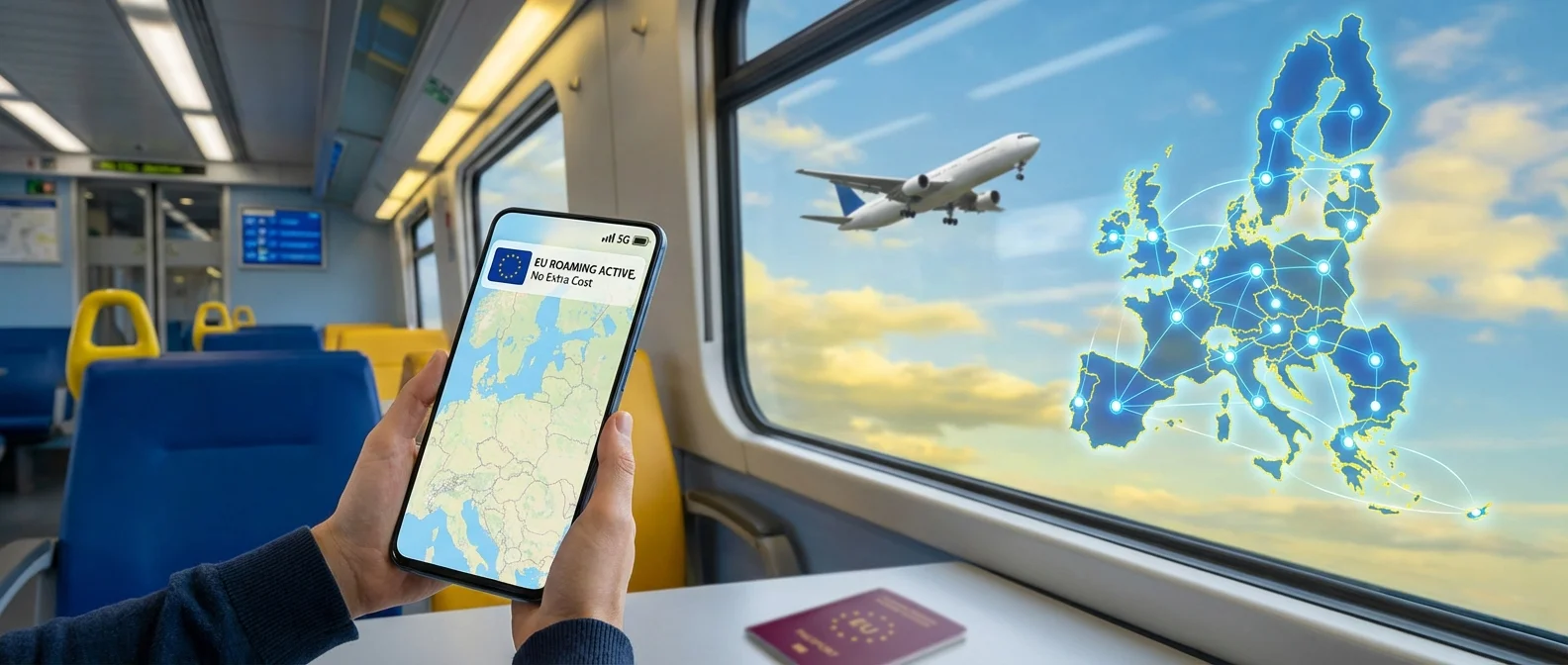 EU map showing countries with free roaming data and calls coverage in 2026