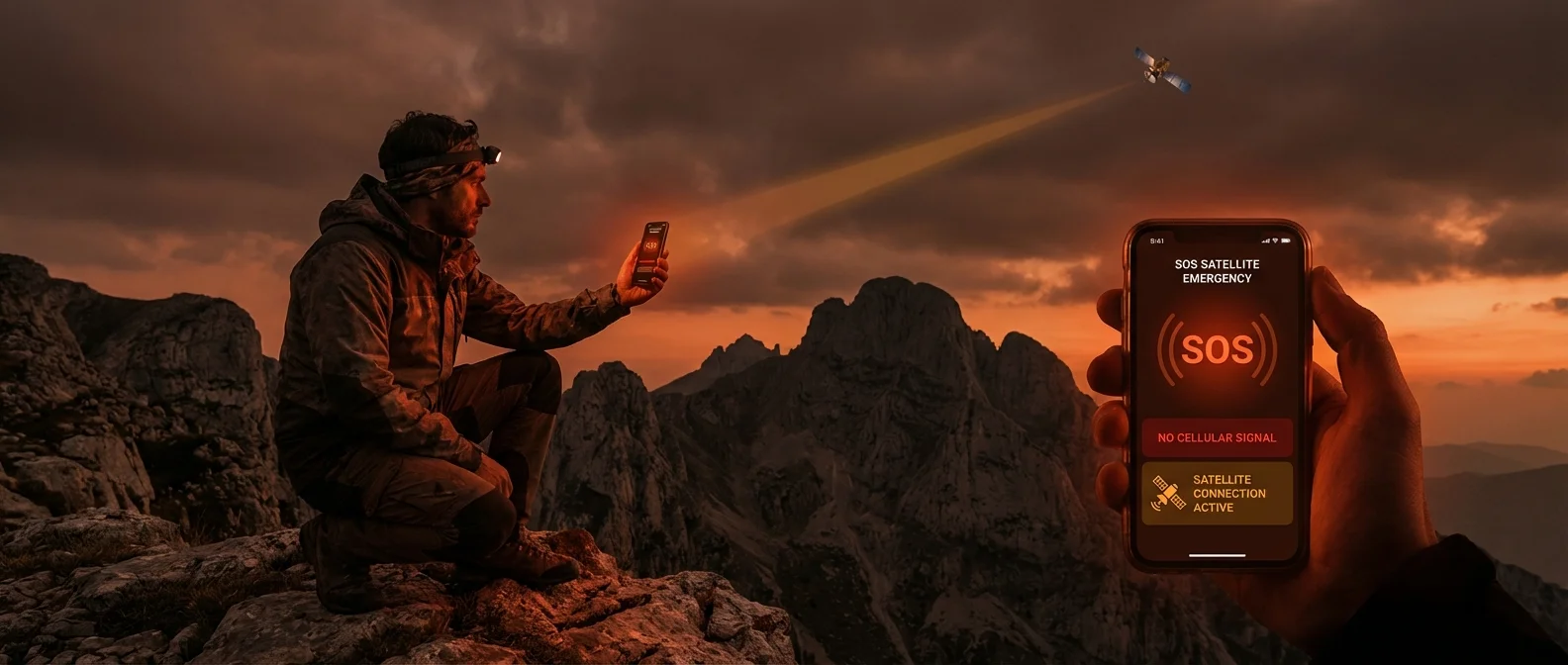 Smartphone displaying satellite SOS emergency call interface with GPS coordinates and rescue communication options