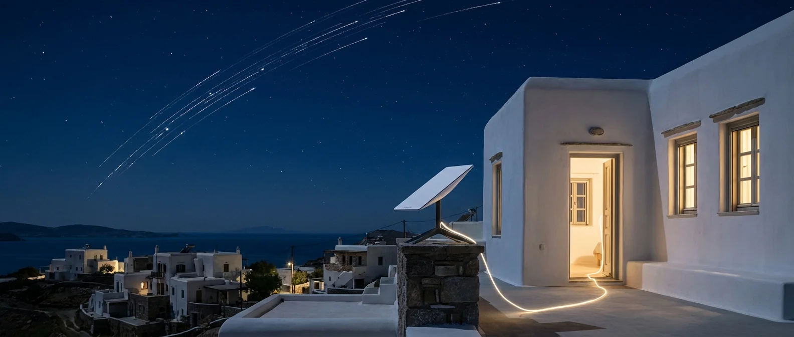 Starlink satellite dish installation on Greek island with Mediterranean sea view