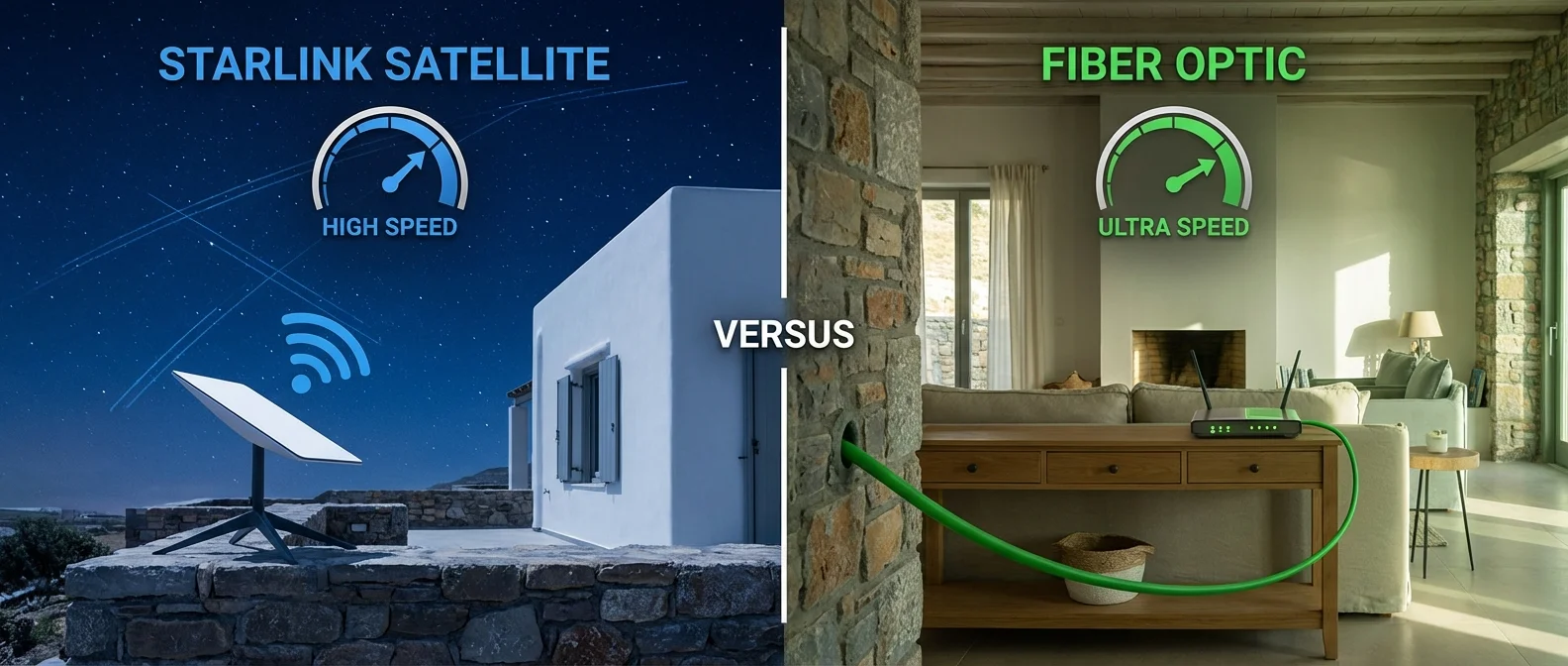 Speed comparison chart showing Starlink satellite internet versus fiber optic broadband performance metrics in 2026