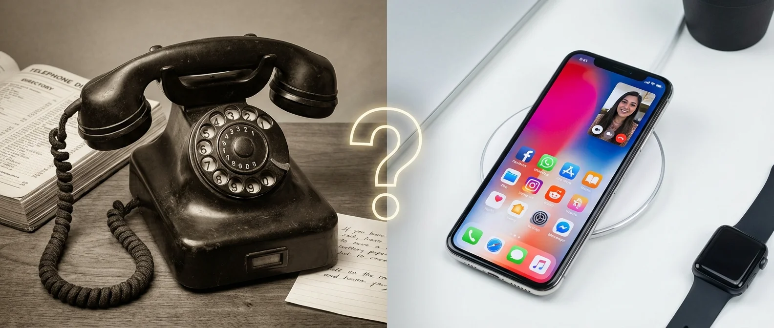Traditional landline phone on wooden desk next to modern smartphone showing VoIP and 5G alternatives in Greece 2026