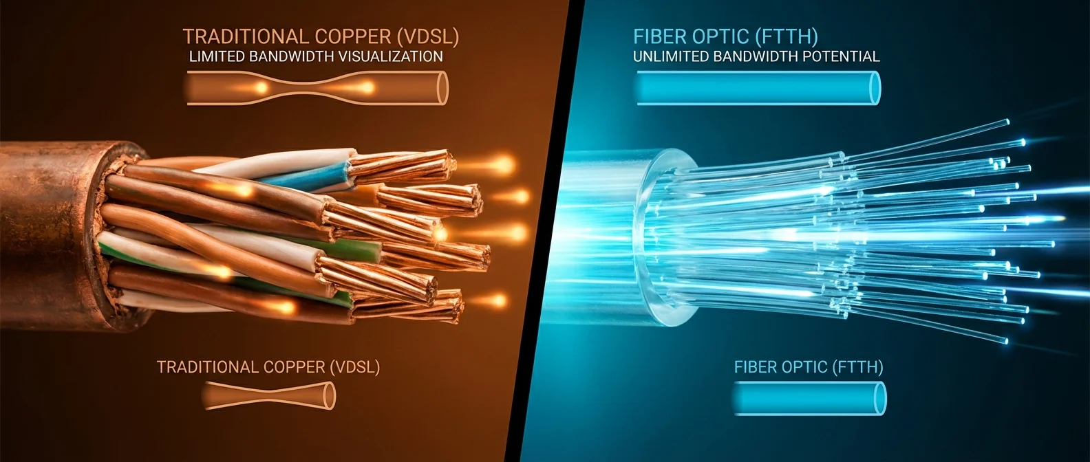 VDSL vs Fiber speed comparison chart showing real-world performance differences