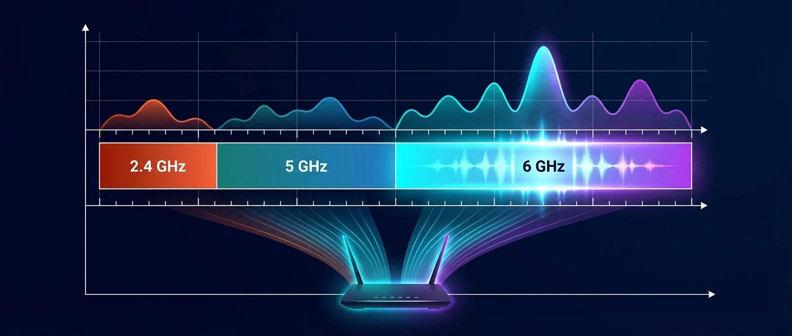 WiFi 6 GHz spectrum comparison showing 2.4 GHz, 5 GHz and new 6 GHz bands with available channels and interference levels