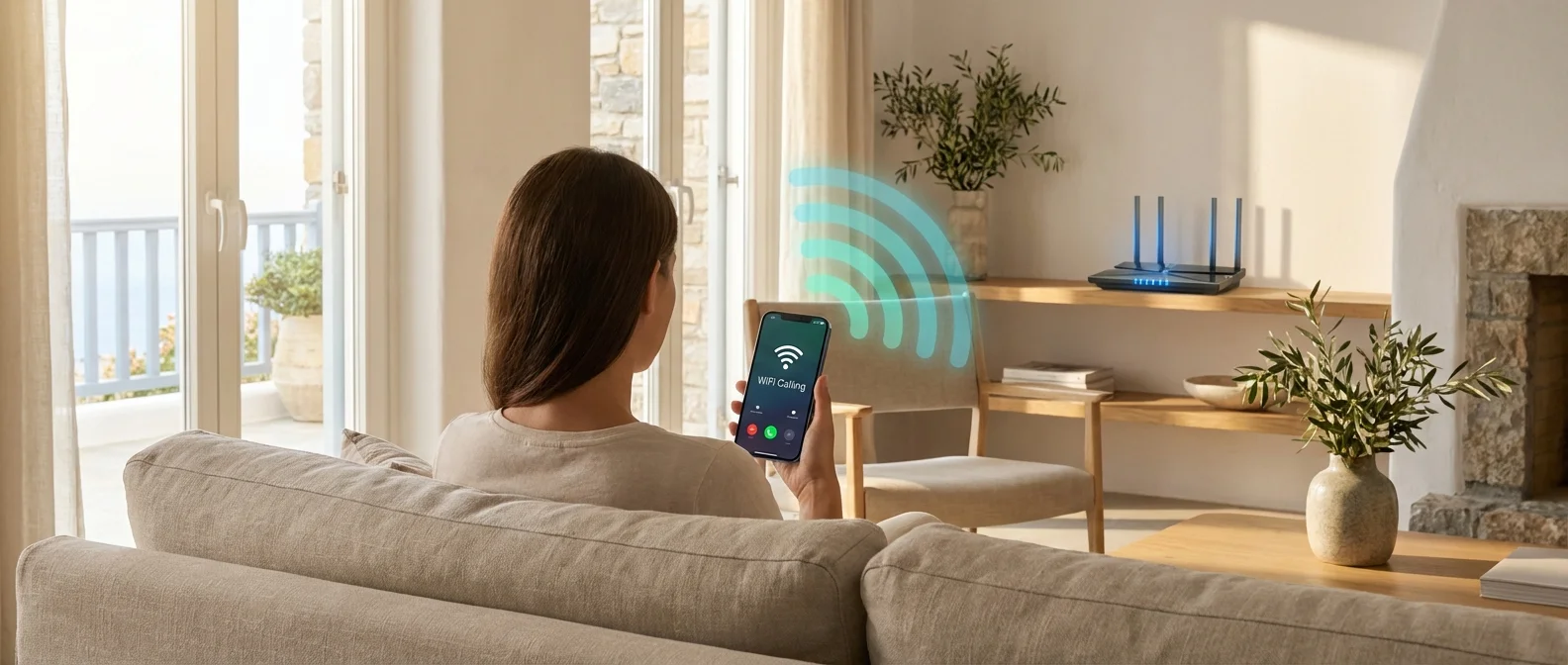 WiFi Calling interface on smartphone showing Greek carrier network connection and call quality indicators