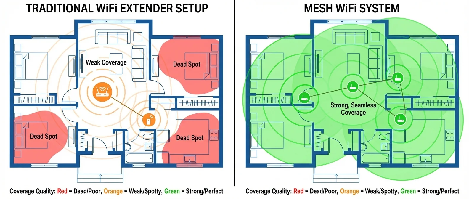 WiFi extender and mesh router side-by-side comparison showing coverage patterns and performance differences