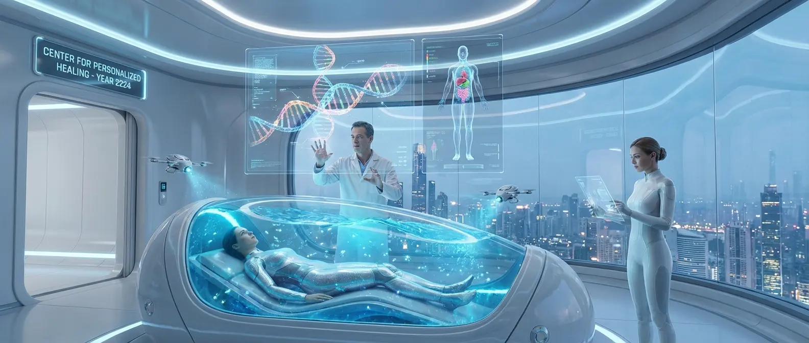 Futuristic patient room with holographic monitoring displays, AI assistants, and automated care systems
