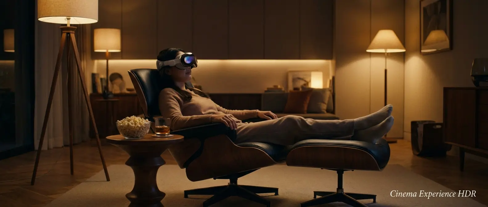 Vision Pro cinematic experience showing HDR movie playback on virtual theater screen