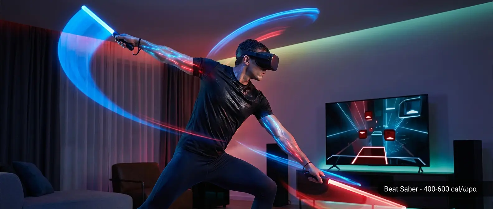 Beat Saber VR game showing player slicing blocks in rhythmic workout motion