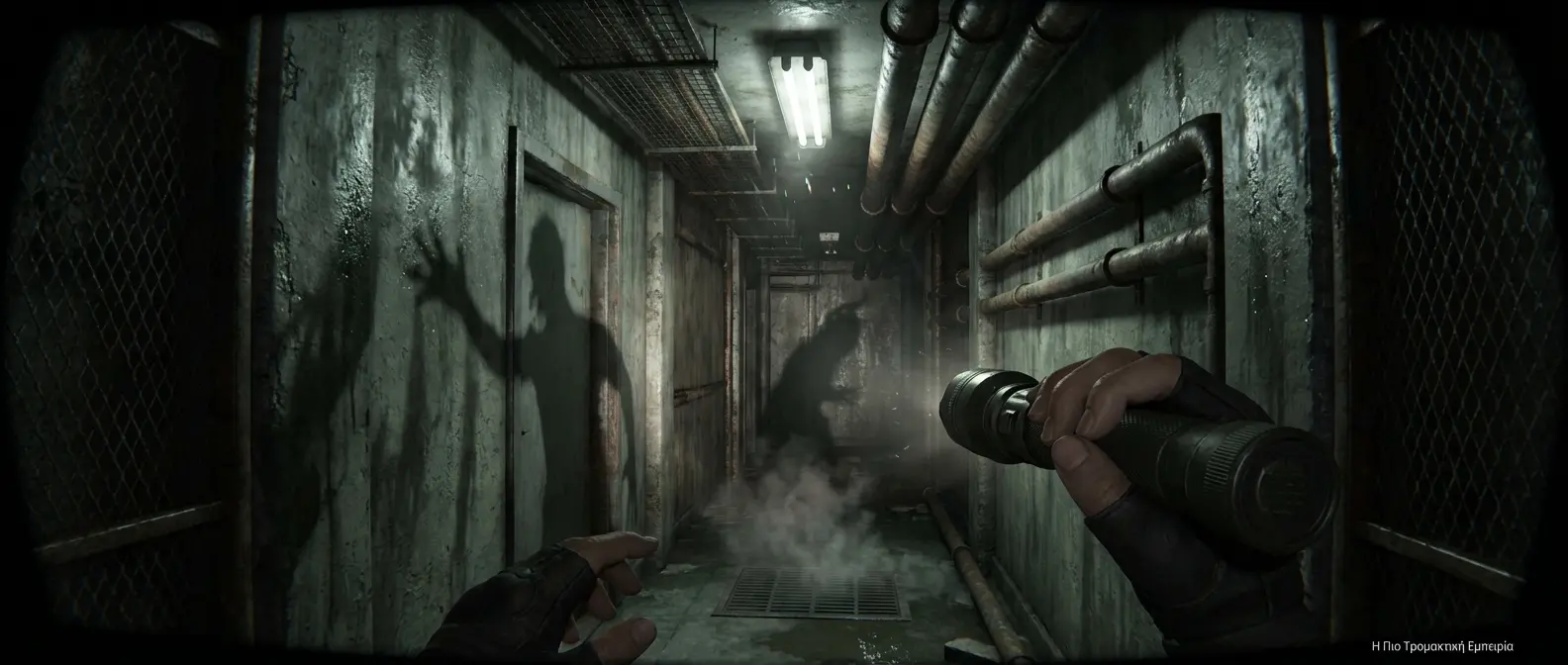 Dark claustrophobic VR horror corridor creating intense psychological fear and dread