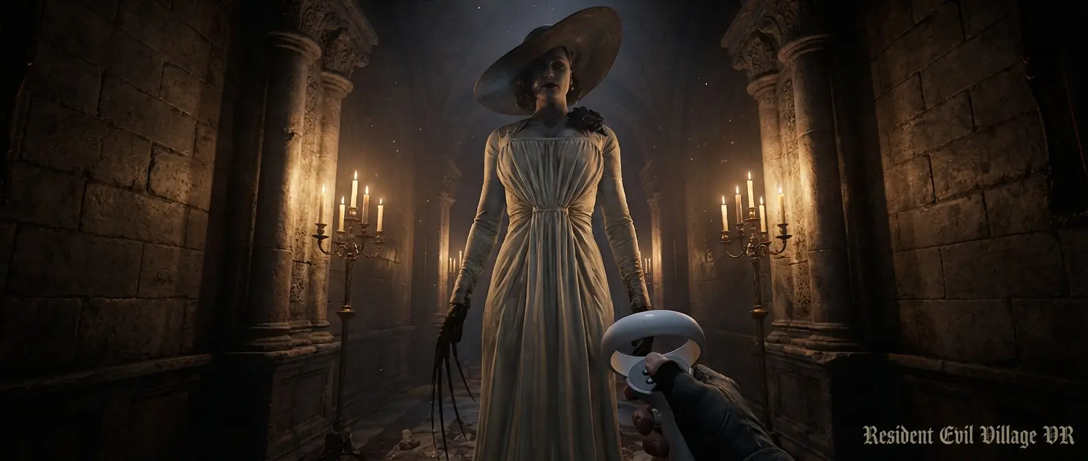 Resident Evil Village VR featuring the imposing Lady Dimitrescu in immersive virtual reality