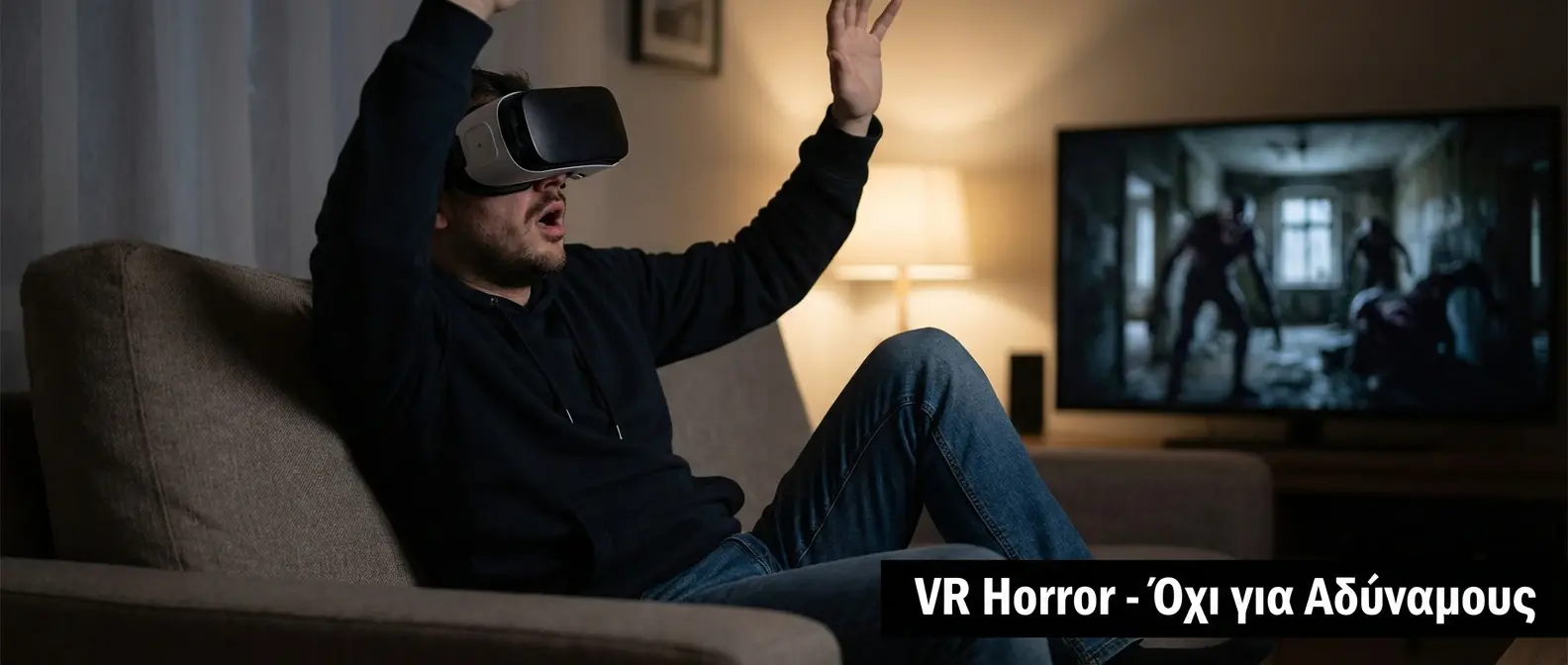 Player experiencing extreme fear reaction while playing terrifying VR horror game