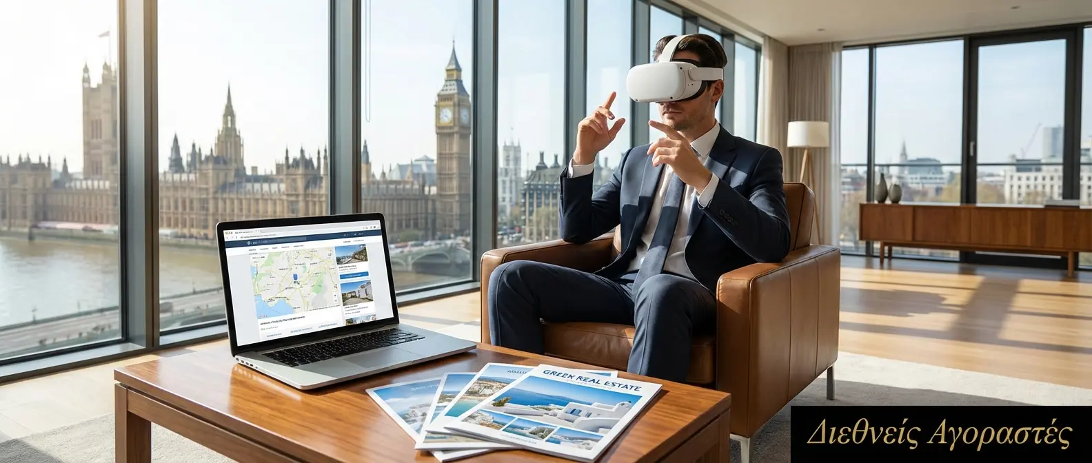 International property buyer using VR to explore Mediterranean villa remotely