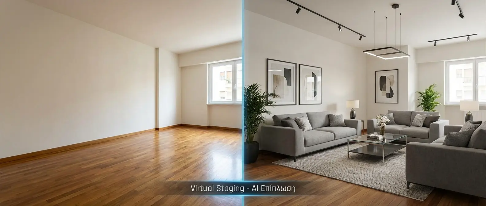 Before and after virtual staging showing empty room transformed with AI furniture