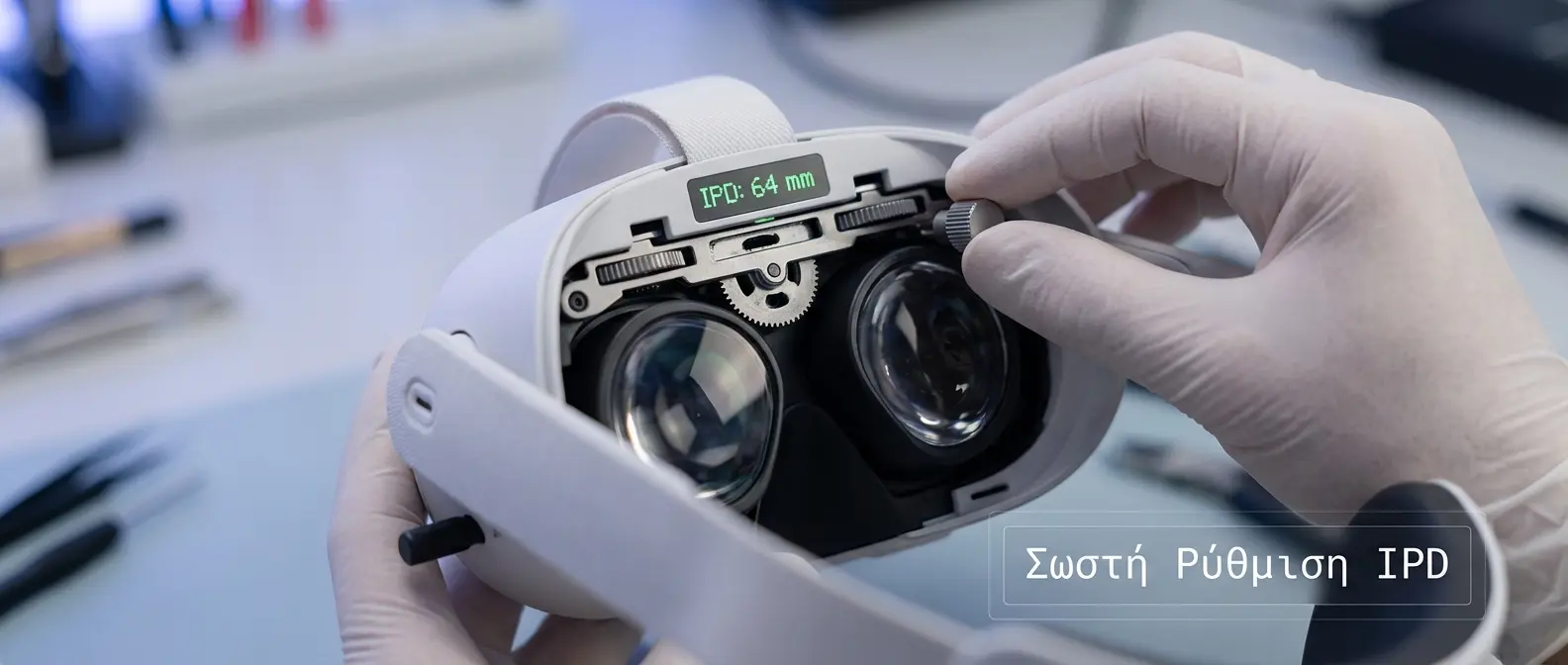 VR headset IPD adjustment dial for proper lens distance calibration