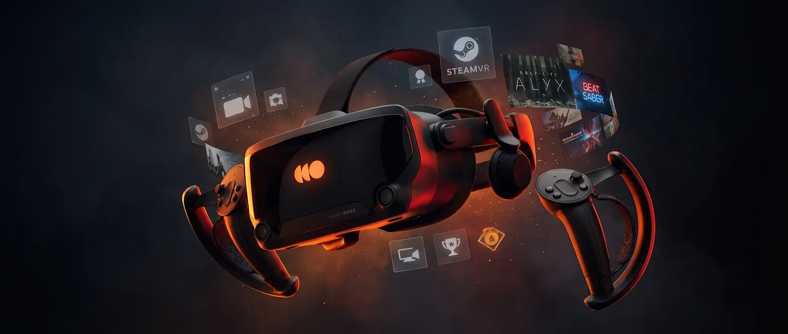 Valve Index VR headset with base stations for room-scale tracking