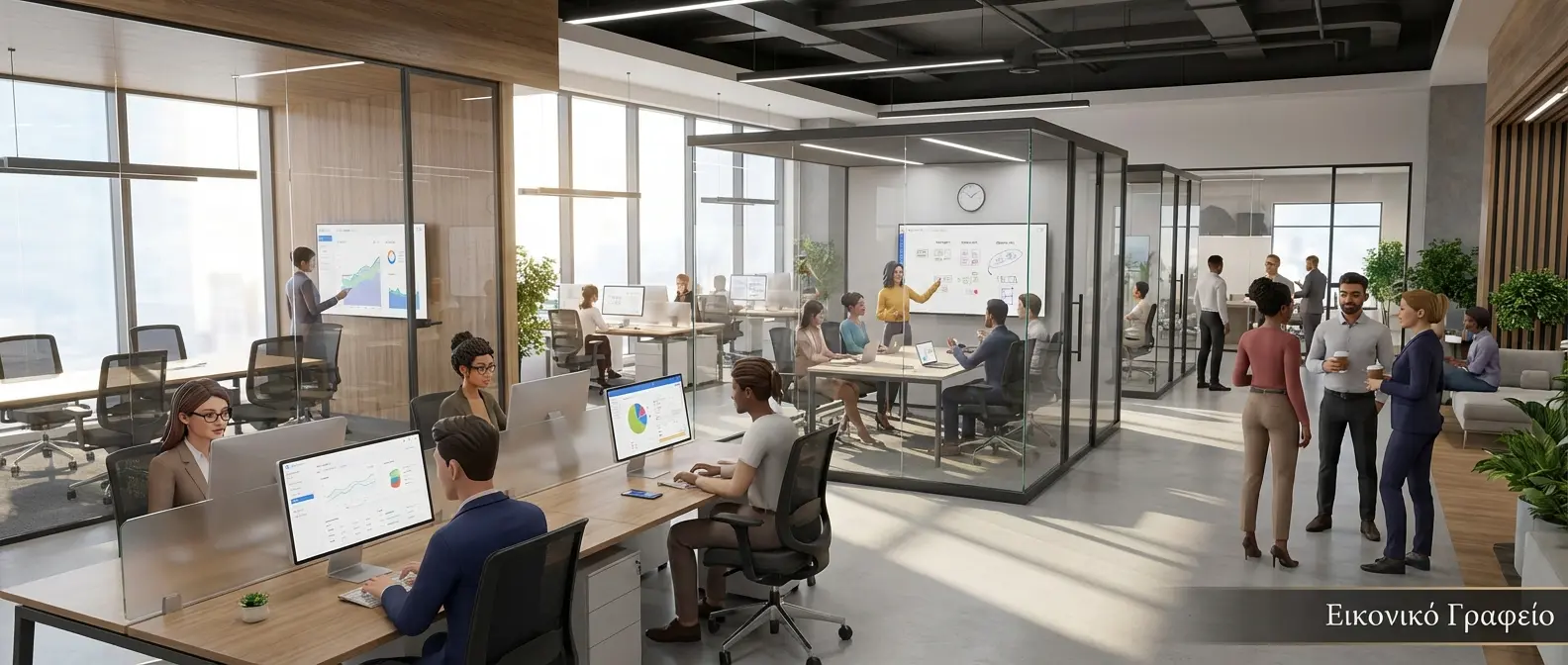 Modern virtual office environment with multiple professional avatars working at digital desks