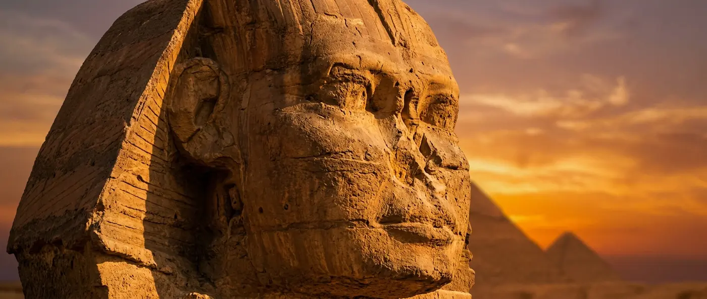 The Great Sphinx of Giza showing its missing nose and weathered limestone face