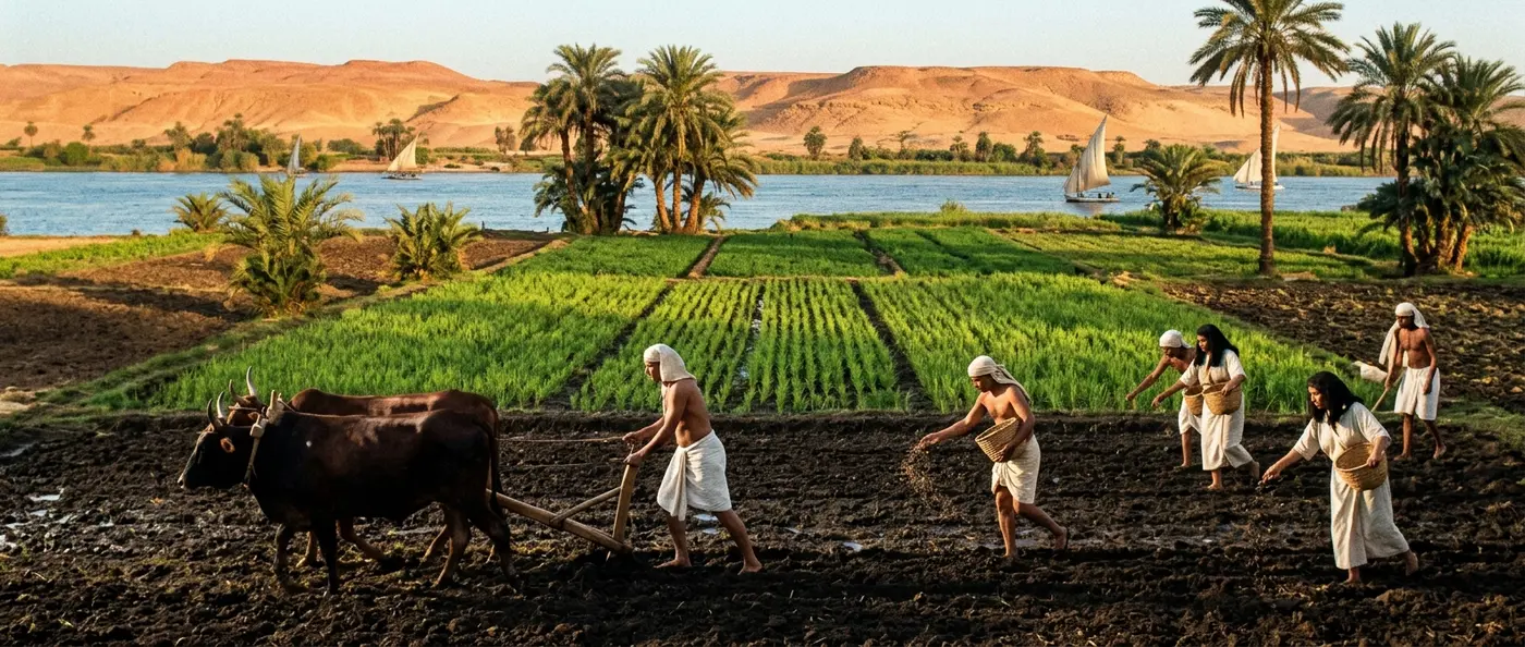 Ancient Egyptian farmers working fertile fields along the Nile River during flood season