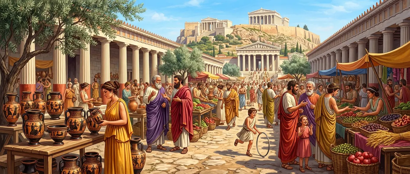 Ancient Athens citizens gathering in the Agora for daily life activities and democratic discussions