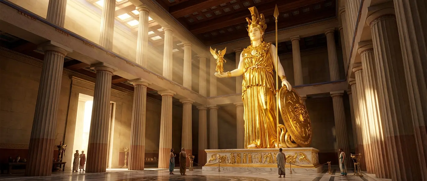 Ancient Greek chryselephantine statue reconstruction showing gold and ivory craftsmanship