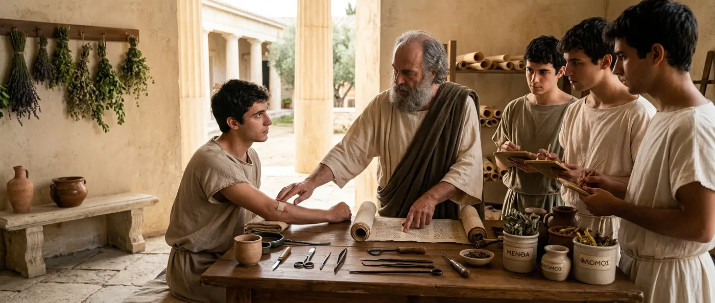 Ancient Greek physicians Hippocrates and Galen examining patients in classical medical setting