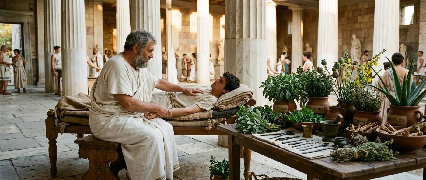 Ancient Greek Medicine with portraits of Hippocrates and Galen on marble background