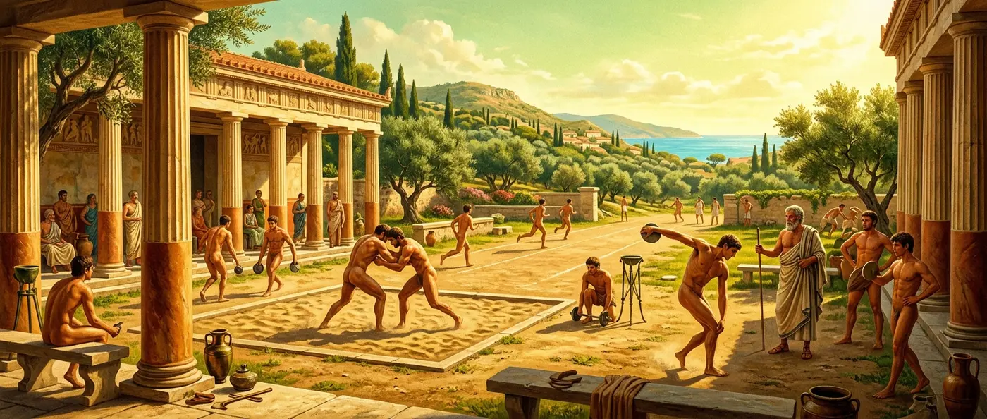 Ancient Greek gymnasium with athletes training in various disciplines