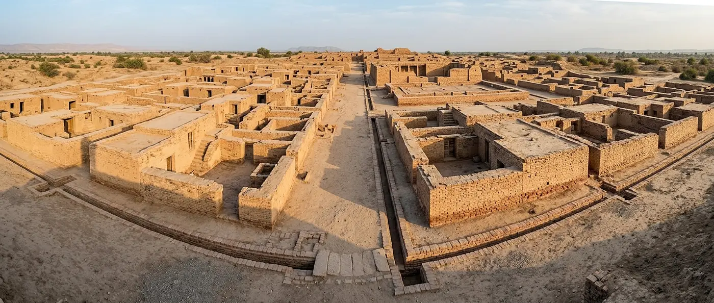 Aerial view of Harappa ruins showing sophisticated urban planning with grid-pattern streets and drainage systems from the Indus Valley Civilization