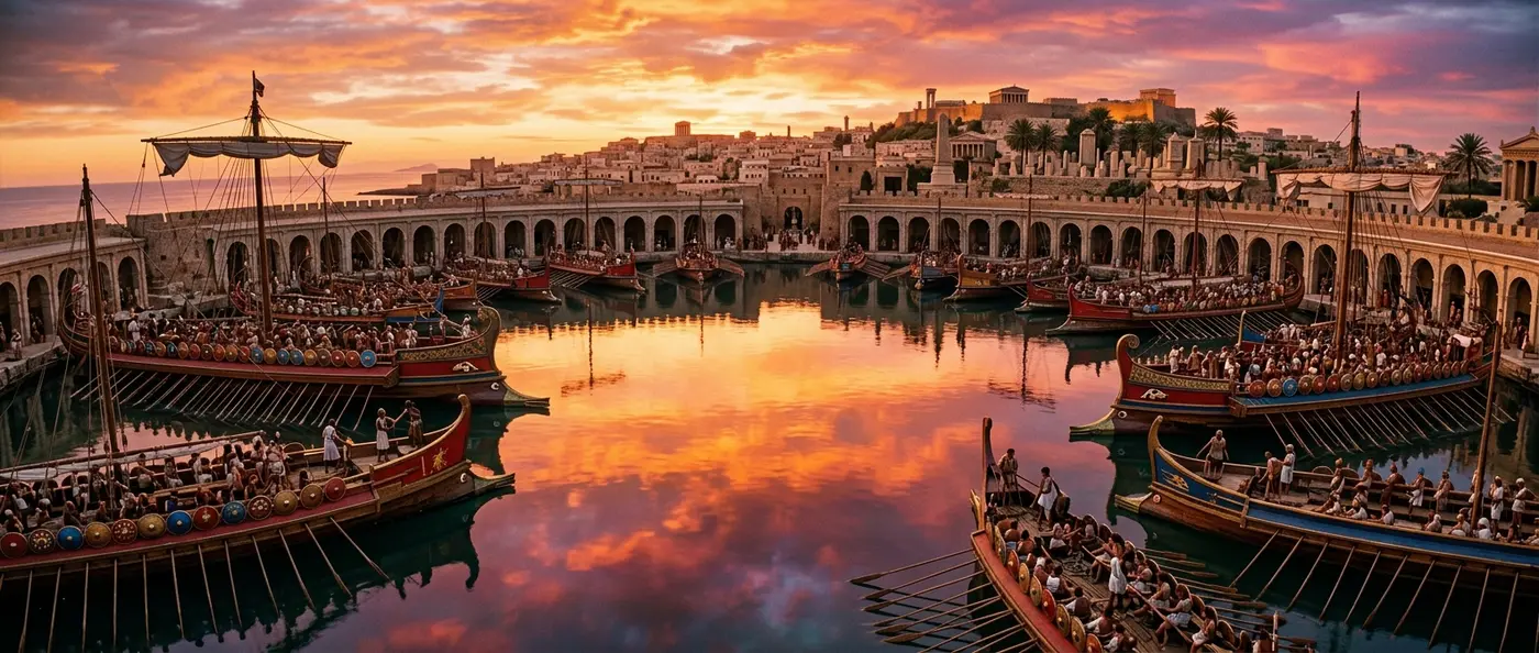 Αναπαράσταση της αρχαίας Καρχηδόνας με το λιμάνι και τα τείχη της πόλης