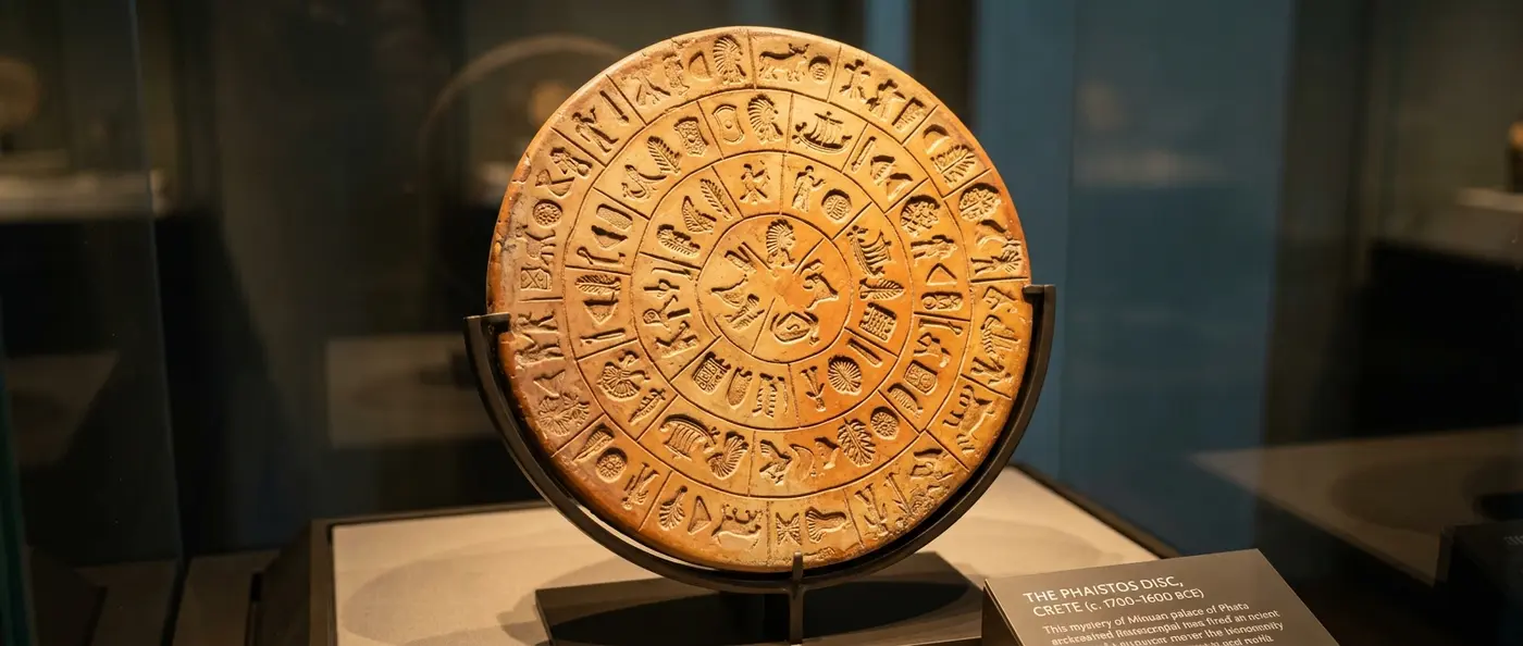The mysterious Phaistos Disc showing spiral arrangement of undeciphered symbols on clay surface
