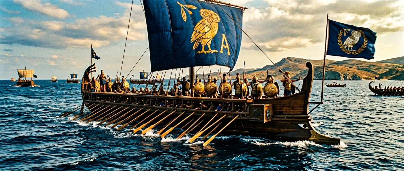 Ancient Greek trireme warship with bronze ram cutting through Mediterranean waters