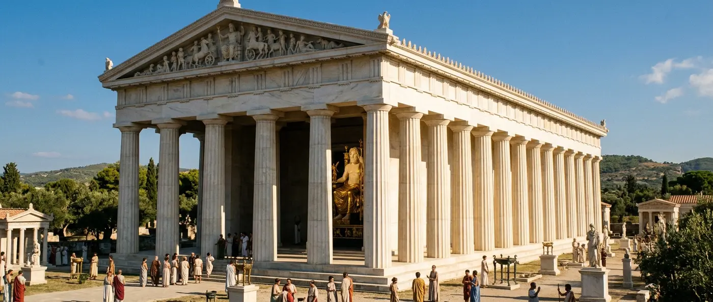Ancient Olympia Temple of Zeus ruins with fallen columns against blue sky