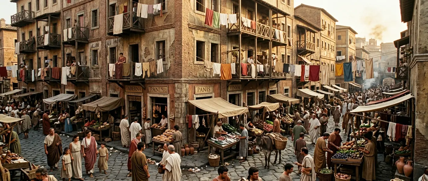 Daily life in ancient Rome showing ordinary citizens in their cramped apartments and bustling streets