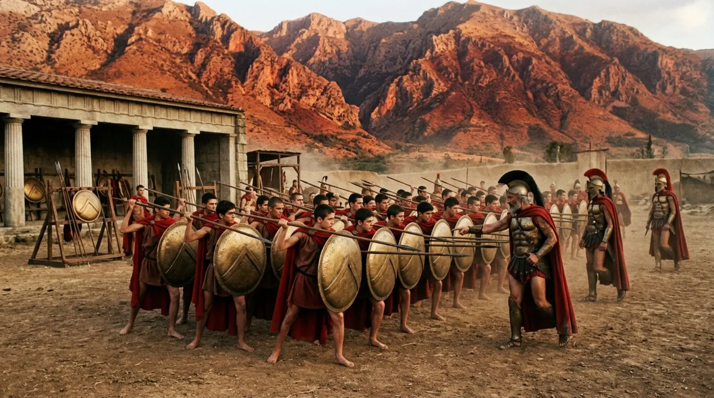 Spartan warriors training in the agoge education system of ancient Greece