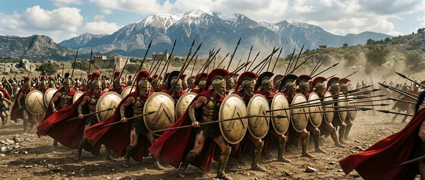 Ancient Spartan warriors in bronze armor training with spears and shields