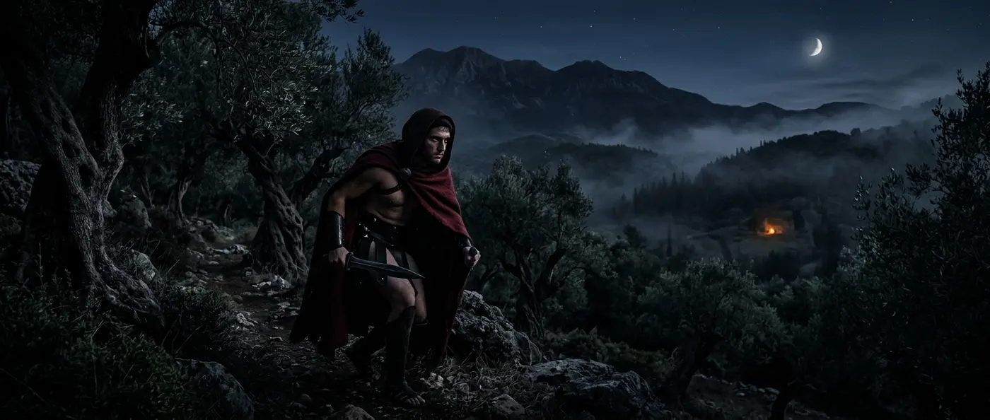 Ancient Spartan warriors in the shadows representing the Krypteia secret police force