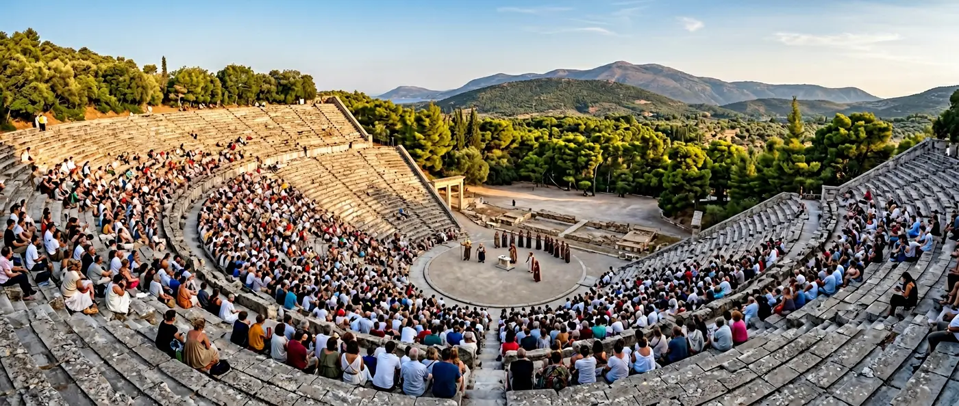 Ancient Greek theater amphitheater with stone seating overlooking a circular stage