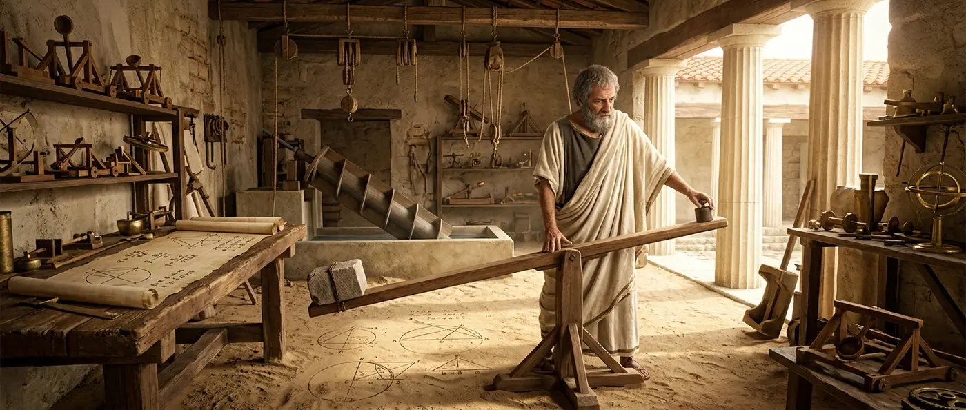 Archimedes of Syracuse working on mathematical calculations and inventions in his workshop