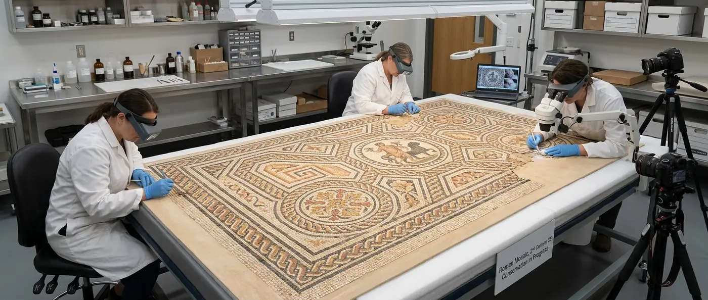 Stolen Roman mosaic fragments being carefully examined by archaeologists during repatriation process
